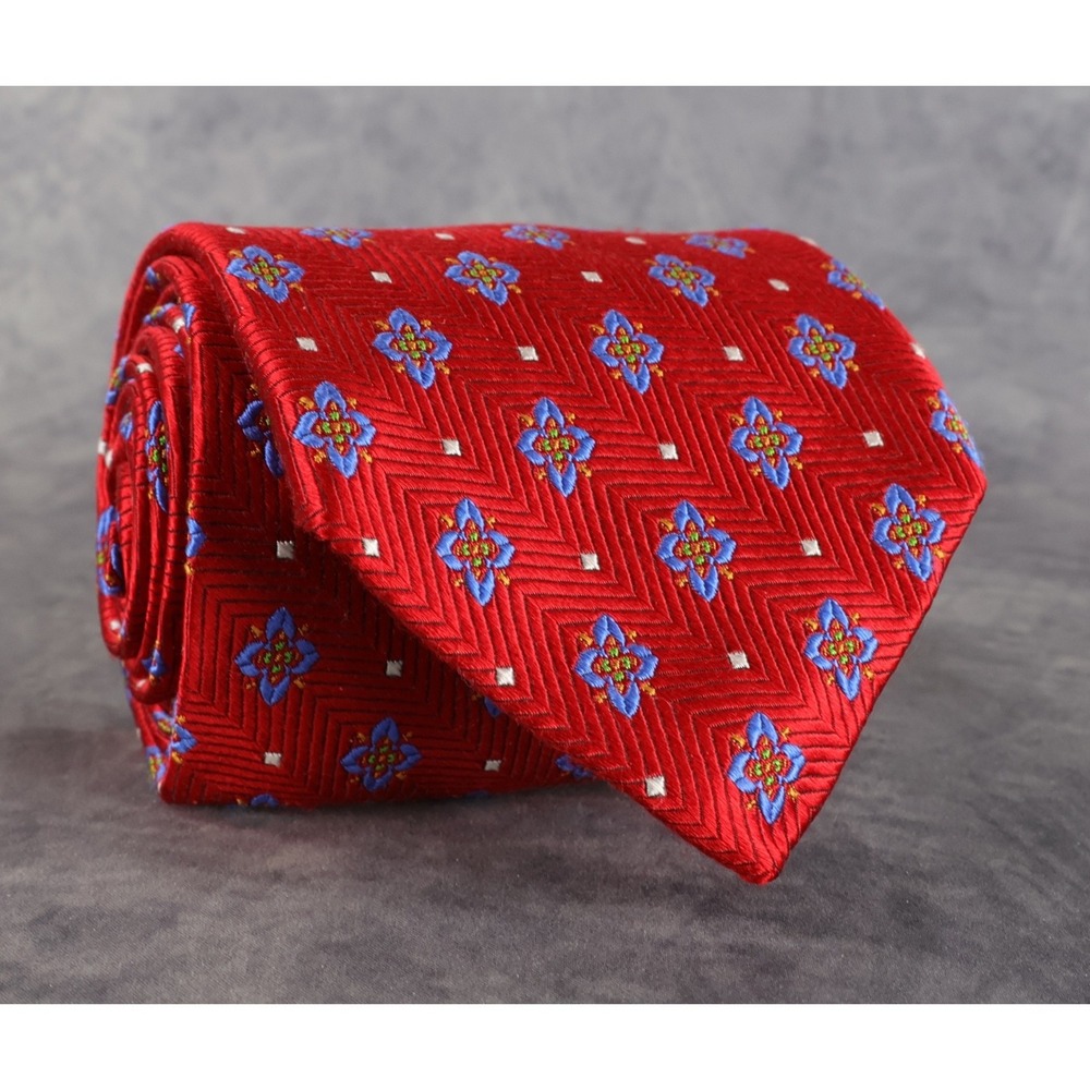 Robert Talbott Silk Necktie Red Blue Floral Geometric Hand Sewn USA Preppy